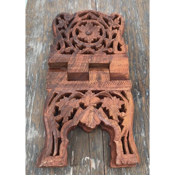 Vintage Teak Wood Book Stand Holder Hand Carved Kitchen Stand Fall Floral Leaf - Picture 1 of 10